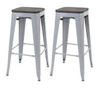 2x tabouret de bar HWC-A73 avec siège en bois, chaise de comptoir, métal, design industriel, empilable gris