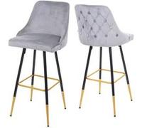 2x tabouret de bar HWC-E70, chaise de bar/comptoir, design rétro, velours, haubans/pieds dorés gris