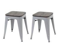 2x tabouret HWC-A73 avec siège en bois, tabouret en métal, design industriel, empilable gris