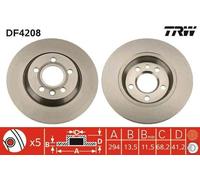 2x TRW DF4208 Disque de frein Arrière pour VW SHARAN (7M8, 7M9, 7M6) 294mm