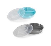 2x Twistshake Scellé Assiette d'Apprentissage avec Couvercles et Séparateurs pour Le Repas de Bébés, Assiettes à Compartiments en PP et Silicone pour Nourriture, 6+ Mois, Bleu Pastel & Gris Pastel