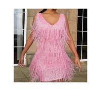 (2XL,Pink)Cocktail Dresses for Women Deep V-Neck All-Over Fringe Spaghetti Straps Dress Cocktail Evening Mini Dress