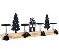 3.05 Porte-bougies de l'Avent sur tronc d'arbre - pour 4 bougies LED / Longueur env. 41 cm - Porte-bougies noir avec maison et arbres