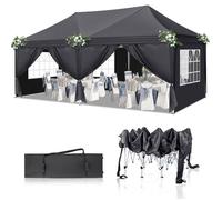 3*6M Tente de camping, tonnelle pour jardin, extérieur, réception, fête, noir, 2 portes + 4 fenêtres