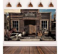 3.6x3m Toile de Fond Western Cowboy Vintage West Saloon Maison en Bois Porte de Grange Retro Roue de Cheval Fond de Photographie Country Western Birthday Party Decorations Banner Photo Booth Props