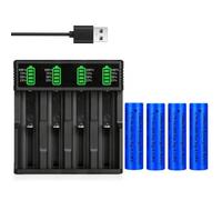 3,7V Pile Chargeur avec 4 Pack 3,7V 2200mAh Flat Top Pile Rechargeables NiMH, 4 Sel USB Batterie Chargeurs, pour Lampe Frontale LED, Mini Ventilateurs, Pile Taille:18.01mm * 65.01mm