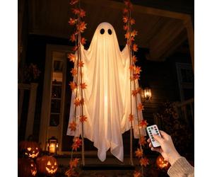 3,94 Ft Halloween Swinging Ghost Decoration Outdoor with Light,2026 Hanging Ghost Scary Spooky Glowing,Swing Ghost Decoration Indoor Outdoor Tree Yard Garden Patio,Remote Control，Orange-3,94 Ft-1.2 m