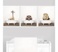 3 Affiche Animaux Baignoire Salle de Bain 30x40 Tableau Girafe Lion Ours Poster Decoration Murale Chambre Maison Salon Couloir