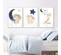 3 Affiche Animaux Chambre Bebe Poster Enfant Garcon Lion Girafe Elephant Lune Étoiles Tableau Decoration Murale Chambre Fille 30X40CM Toile Animaux Bébé sans Cadre
