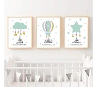 3 Affiche Chambre Bebe Tableau Nuage Etoiles Ballon Menthe Verte Poster Islamique Enfant Toile 30x40 sans Cadre