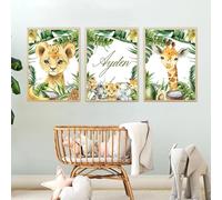 3 Affiche Prenom Personnalisé Bebe 30X40CM Affiche Safari Chambre Bebe Lion Girafe Poster Foret Enfant Tableau Jungle Bebe Toile Animaux Savane Tableau Decoration Murale Enfant Cadeau sans Cadre