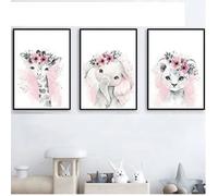 3 Affiches Animaux Chambre Bebe Fille Rose Tableau 30x40 Poster Girafe Elephant Lion Mural Enfant Deco sans Cadre