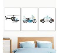 3 affiches murales représentant une voiture de police,une ambulance,un camion de pompiers et un avion de pompiers,imprimées sur toile,pour la décoration intérieure du salon 60x80cmx3 sans cadre