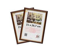 3-B Lot de 2 Cadres BARI RUSTIQUE - brun foncé/or - 21x29,7 cm (A4) - cadre photo en bois exotique avec verre acrylique