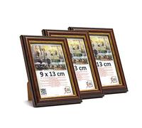 3-B Lot de 3 Cadres BARI RUSTIQUE - foncé brun/or - 9x13 cm - cadre photo en bois exotique avec verre acrylique