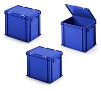 3 boîtes Euro avec couvercle à charnière, 400 x 300 x 330 mm, bleu.