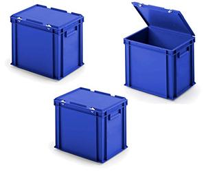 3 boîtes Euro avec couvercle à charnière, 400 x 300 x 330 mm, bleu.