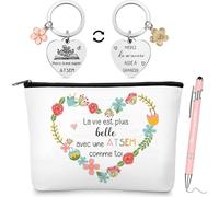 3 Cadeaux Pour Maitresse D'école Atsem 1 Trousse De Maquillage Pochette De Toilettes 1 Porte Clés Avec Gravure 1 Stylo À Bille Cadeau Merci Aesh Fin D'année Institutrice Enseignants Maternelle