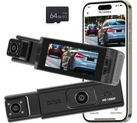 3 Channel Dash Cam-360° Front and Rear Dashcam with 3.16 inch Display-WiFi/Loop Recording/Exposure Compensation/Motion Detection + 64GB Memory Card