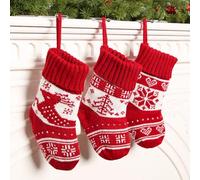 3 Chaussettes de Noël Set Tricotées Motifs Rennes Sapins de Noël Flocons de Neige Rouges pour Décoration de Réunions Familiales