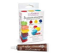 3 colorants alimentaires en poudre jaune-rouge-bleu + 1 Stylo chocolat