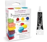 3 colorants alimentaires en poudre jaune-rouge-bleu + Stylo glaçage noir Scrapcooking