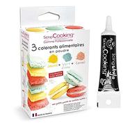 3 colorants alimentaires vert d'eau, corail, jaune + Stylo glaçage noir