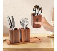 3 Compartiments Porte Ustensiles Cuisine Bois, 33x11,5cm Porte Ustensiles de Cuisine avec Plateau et Trou de Drainage, Egouttoir Couverts Pot Couverts Cuisines pour Trier Baguettes et Cuillères (A)
