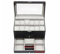 3 couches Boîte à bijoux Boîte à montres 12 grilles Boîte à lunettes 6 grilles avec serrure métallique Boîte à montres Vitrine Jewerly Organizer Cadeau pour la Saint-Valentin Fête des mères Noël (Noir