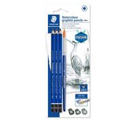 Staedtler Mars Lumograph Aquarell, Crayons graphites aquarellables, Utilisables à sec ou à l'eau, Étui blister avec 3 crayons aquarellables assortis et 1 pinceau, 100A SBK4