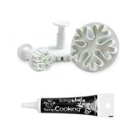 3 découpoirs et éjecteurs pâte à sucre Flocons + Stylo glaçage noir Scrapcooking