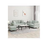 vidaXL Ensemble de canapés 3 pièces avec coussins, accoudoirs et repose-pied Gris clair velours