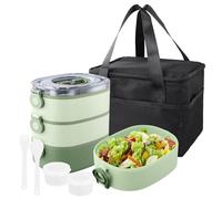 3 en 1 Bento Lunch Box 2800ml, Assiette Compartiment Adulte Empilables avec Lunch Bag Couverts Partition, Boite Repas Micro-Ondable Anti-Fuite Sans BPA, Boîte à Goûter Enfant Travail Ecole (Vert)