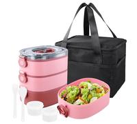 3 en 1 Bento Lunch Box 2800ml, Assiette Compartiment Adulte Empilables avec Lunch Bag Couverts Partition, Boite Repas Micro-Ondable Anti-Fuite Sans BPA, Boîte à Goûter Enfant Travail Ecole (Rose)