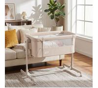 3 en 1 Berceau Bébé Cododo-COSTWAY-Lit Bébé Réglable en Hauteur à 6 Niveaux, 4 Roulettes, Matelas Amovible, 0-6 Mois, Beige