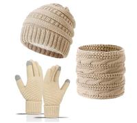 3 en 1 Bonnet Écharpe et Gants set pour Homme Femme, Chapeau de Tricotés d'hiver Chaud avec Doublure Polaire Tour de Cou Gants d'écran Tactile pour Sports de Plein Air d'Hiver (Beige)