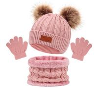 3 en 1 Bonnet Enfant Fille, 3 Pièces Ensemble Bonnet Echarpe, Enfant Bonnet Enfant Hiver Tricoté Tour de Cou Chaud, Enfant Gants Hiver Ensemble Pour Garcon Enfants 2 à 6 ans (Rose)