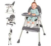 3 en 1 Chaise Haute bébé Evolutive Pliable Chaise Haute Transat avec Roue Verrouillable et Double Plateau, Inclinable Enfant Chaise Reglable Hauteur de 6+ Mois, 4 Angles d'Inclinaison, gris