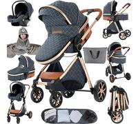 3 en 1 Combinée Poussette Citadine Landau Poussette Canne Poussette Système de Voyage pour Bébé Poussette Paysage Haute, Inclinable Pliable, Standard (225 Blue)