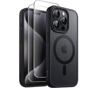 3 En 1 Coque Magnétique Pour Iphone 15 Pro Max 6,7 Pouces Avec Lot De 2 Films De Protection D'Écran En Verre Trempé, Compatible Avec Magsafe, Étui Housse Mat Translucide (Noir)