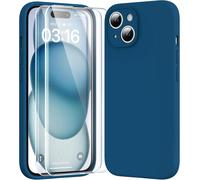 3-en-1 Coque pour iPhone 15 Kit, avec 2 Verre Tremp¿¿ Protection ¿¿cran [Protection de l'objectif am¿¿lior¿¿e] Coque en Silicone pour iPhone 15 6.1"" Antichoc, Bleu Minuit