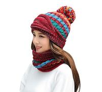 3 en 1 Ensemble Bonnet Écharpe de Cercle Masque Facial Femme Cache-Cou Hiver Chapeau Tricoté Thermique avec Pompon Tour de Cou en Polaire Epais Cagoule Bonnet d'extérieur Ski Snowboard Cyclisme
