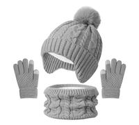 3 en 1 Ensemble Bonnet Echarpe Gants Enfant, Chapeau Tricoté Hiver avec Pompon Tour de Cou avec Doublure Chaud Gants Tactiles, Hiver Accessoires Set pour Fille Garçon 2-8 ans (Gris)