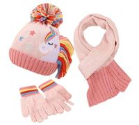 3 en 1 Ensemble Bonnet Écharpe Gants Enfant Filles Hiver Chaud Tricoté Chapeau avec Motif Licorne et Pompon, Enfant Hiver Accessoires Set pour Fille 3-6 ans (Rose clair)