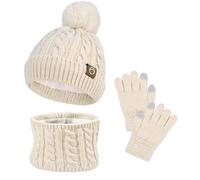 3 en 1 Ensemble Bonnet Echarpe Gants Enfant Hiver Accessoires D'hiver Chaud Tricoté Chapeau Tricoté Tour de Cou Chaud Avec Doublure Gants Pour Filles 3-10 Ans Blanc