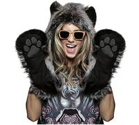 3 en 1 Hiver Fausse Fourrure Loup Gris Animal Chapeau à Capuche Echarpe avec Oreilles Empreintes de Pattes Moufles de Poche Gants