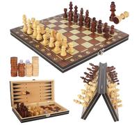 3 en 1 Jeu d'échecs Magnetique Bois, 29 * 29cm, Echecs en Pliable avec Emplacements De Rangement, Echiquier Bois, pour la Famille Activités Fête Adultes Enfants Voyages, Jeux De Stratégie
