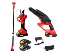 3 en 1 Perche Élagueuse Télescopique Électrique,Mini TronçOnneuse 6 Pouces Et SéCateur éLectrique Sans Fil,25MM Secateur Electrique avec 2 Batterie,Ensemble D'Outils De Jardinage (Rouge)