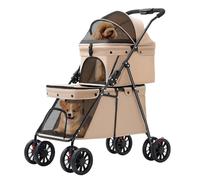 3 en 1 Poussette Pliable à 2 Niveaux pour Chien Chat, 2 Sacs, Fenêtre en Maille, Roues avec Freins, Coussins Amovibles, Chariot de Voyage pour Chiens, Chats-67 * 50 * 95cm-Couleur café au lait