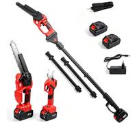 3-en-1 Sécateur Électrique sans Fil 21V, avec Perche Télescopique (Rouge) | Moteur sans Balais, Mini Tronçonneuse, Coupe 40 mm, Mode Sûr,Léger,Portée Jusqu’à 2 m,pour Arbres Jardin et Verger